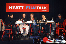 Panel guests at the September 28, 2004, Hyatt Film Talk, including moderator Philip Bergson (middle), Simone Britton (second from right) and Christian Johnson (far right). (Photo by Kirsten Greco)
