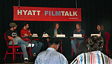 U.S. producer James Scolaro (Room), U.S. director Brian Herzlinger (My Date with Drew), moderator Phillip Bergson, French actor Vincent Lindon (La moustache), and U.S. director Marilyn Agrelo (Mad Hot Ballroom) at the Hyatt Filmtalk. (Photo by Karen Pecota)